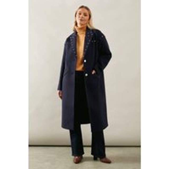 Womens Stud Detail Single Breasted Midi Coat - Navy - 10