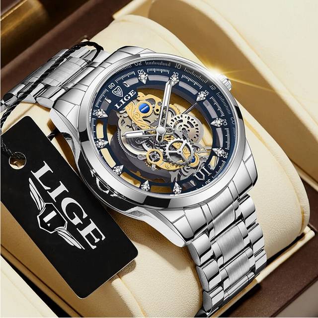 (silver blue) LIGE 2023 New Gold Watch Women Watches Ladies All Steel Skeleton Design