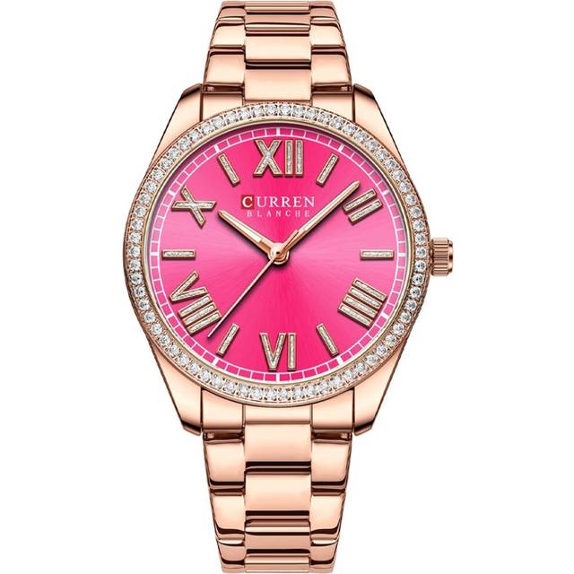 (rose pink) CURREN Luxury Quartz Women's Watch Silver Charming Rhinestone Dial with