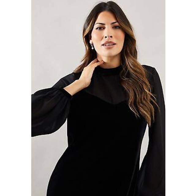 Womens Occasion Velvet Chiffon Sleeve Shift Dress - Black - 8