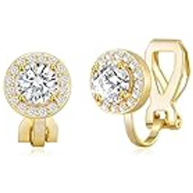 Gold plated round halo clip on earrings created with zircondia® crystals