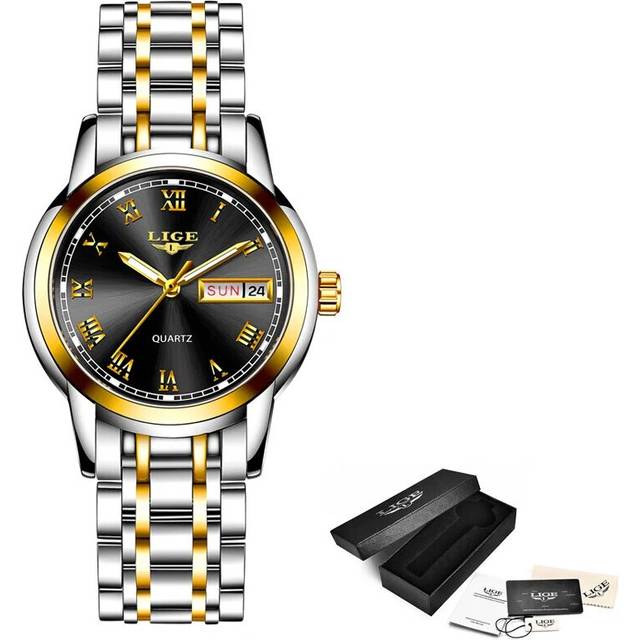 (Gold black) LIGE 2020 New Gold Watch Women Watches Ladies Creative Steel Women's Watches