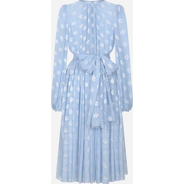 Dolce & Gabbana Dévoré Silk Jacquard Calf-length Dress With Dg Logo - Woman Dresses Azure 36