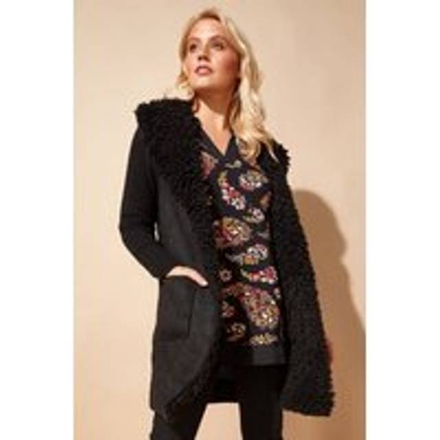 Longline Faux Shearling Knit Coatigan - Black - 10