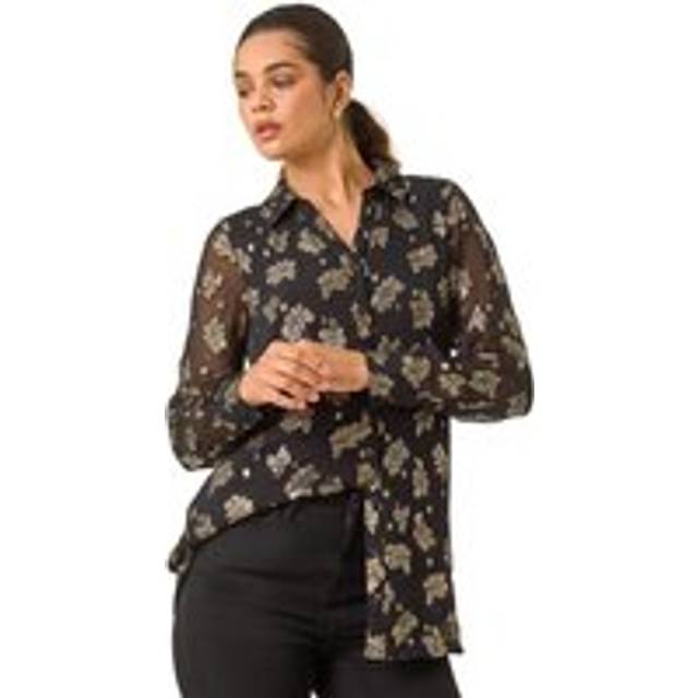 Roman Black Metallic Floral Print Button Blouse - Size 14