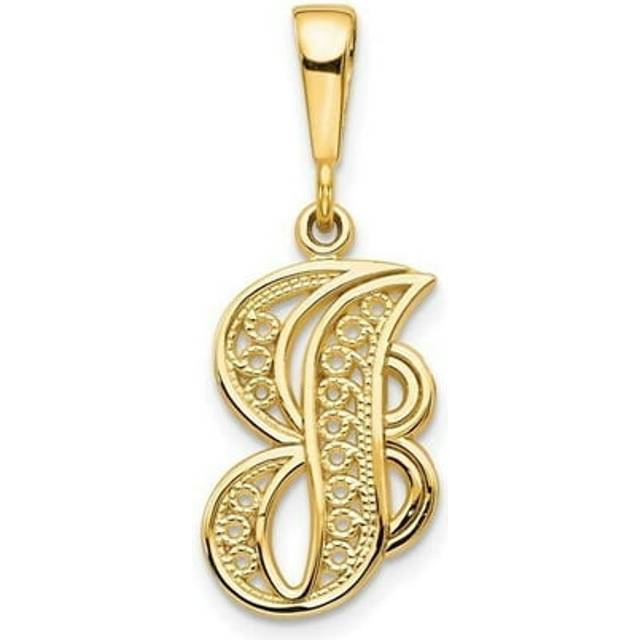 14K Yellow Gold Polished Script Filigree Letter J Initial Pendant