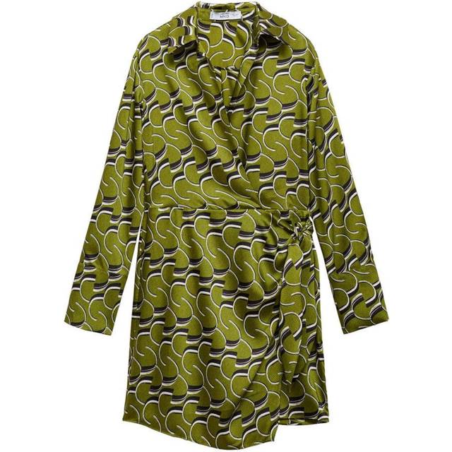 Mango Robi Geometric Tie Waist Mini Shirt Dress, Green/Multi