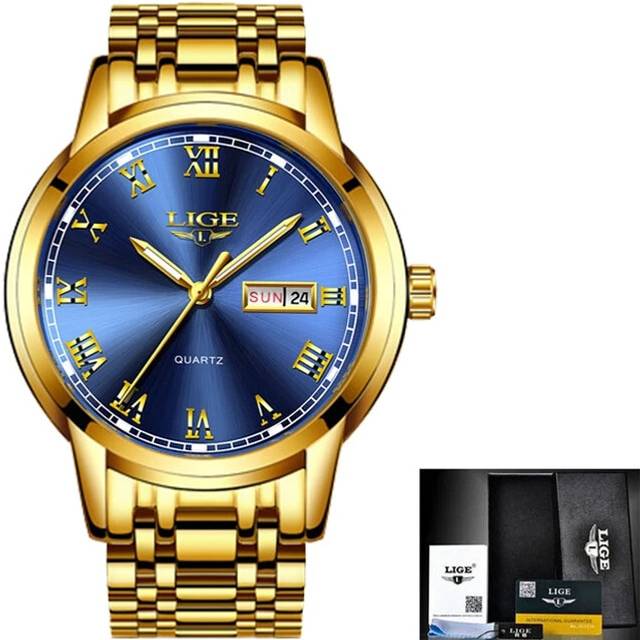 (all gold blue) 2023 LIGE Fashion Ladies Watch Brand Ladies Creative Steel Women Watches - Gold