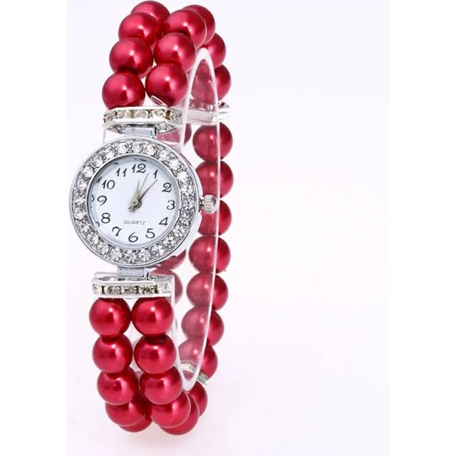 (Red) Women&#39;s Watch Pearl String Watches Women Ladies Fashion Quartz-watch Female