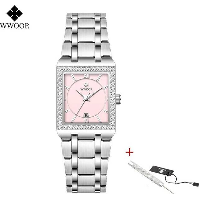 (Silver pink) WWOOR New Gold Watch 8858 Women Watchs Steel Top Luxury Brand Ladies Watches