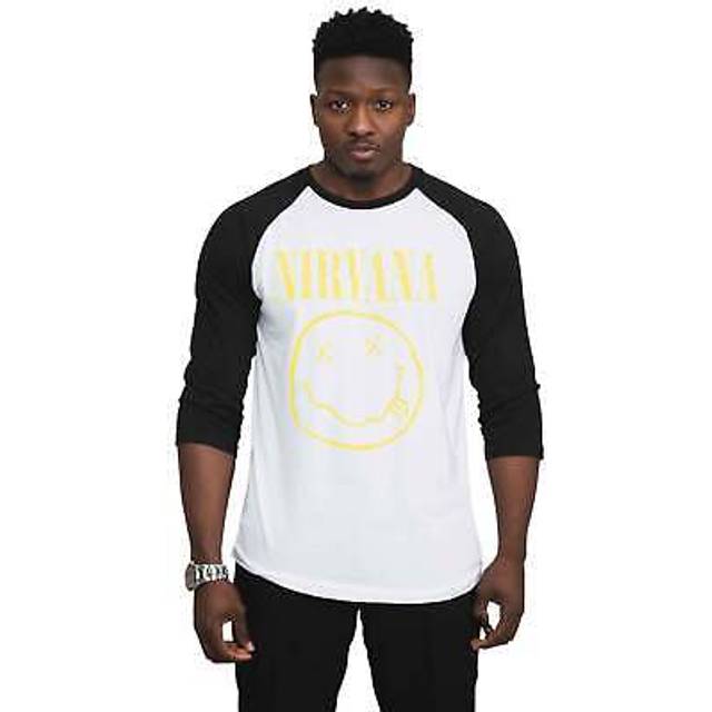 Nirvana t shirt yellow smile band logo official unisex white 3/4 sleeve raglan