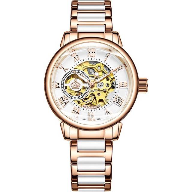 (082 Rose C) ORKINA Mechanical Women Watch Skeleton Automatic Wristwatch Mesh Stainless