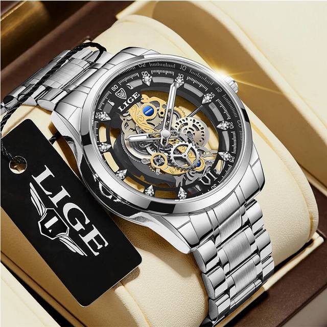 (silver black) LIGE 2023 New Gold Watch Women Watches Ladies All Steel Skeleton Design
