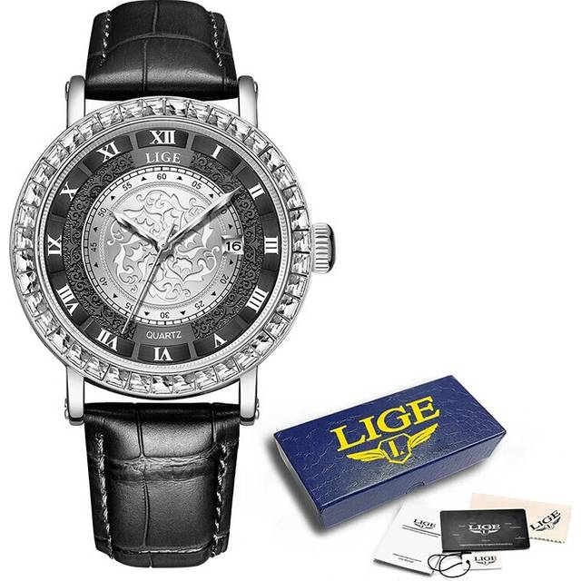(Black) Luxury Women Watch with Diamond Elegant Brand Quartz Clock Leather Watches