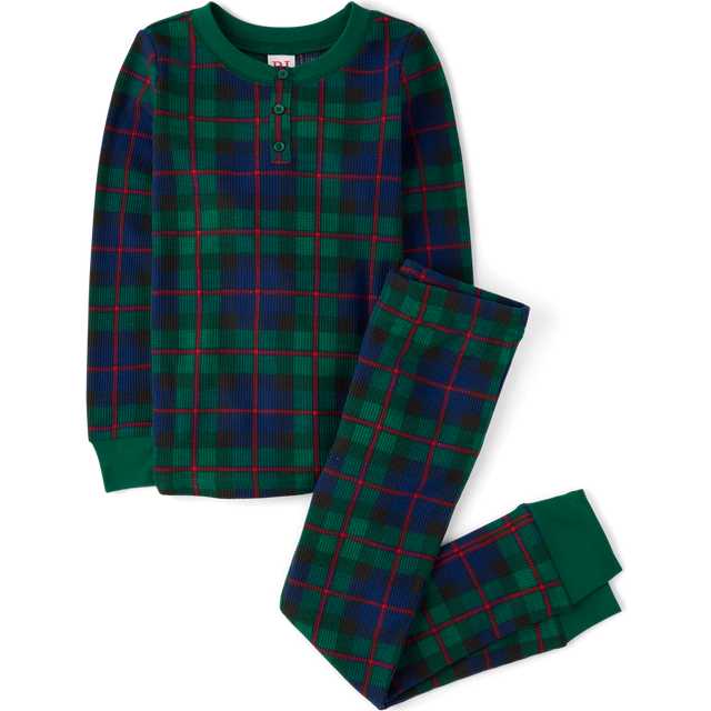 The Children's Place Baby Kids 2 Piece Family Matching  Plaid Thermal Pajamas Sets  Green Tartan