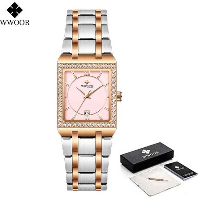 (Silver rose pink) WWOOR New Gold Watch 8858 Women Watchs Steel Top Luxury Brand Ladies Watches