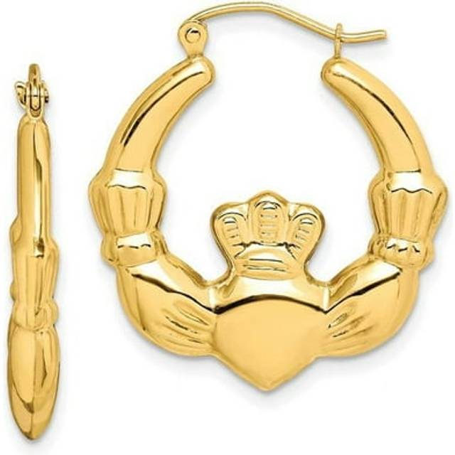 10K Yellow Gold Polished Claddagh Hoop Earrings