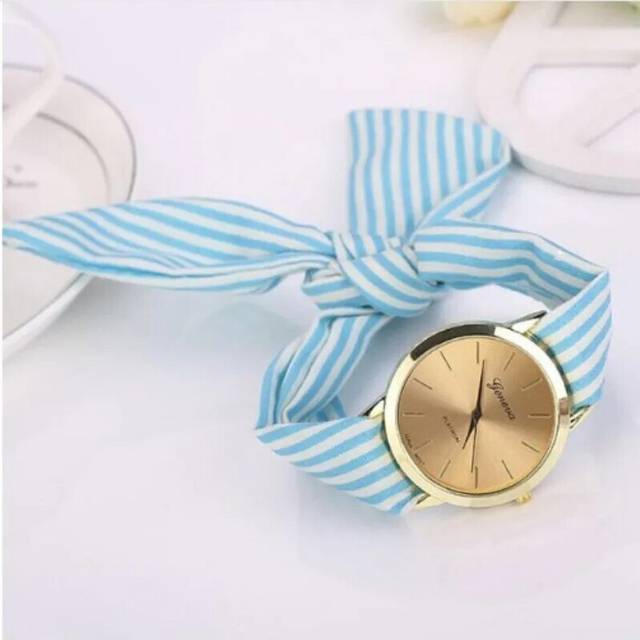 (Blue) Stripe Floral Cloth Quartz Dial Watch Products Women Wristwatch