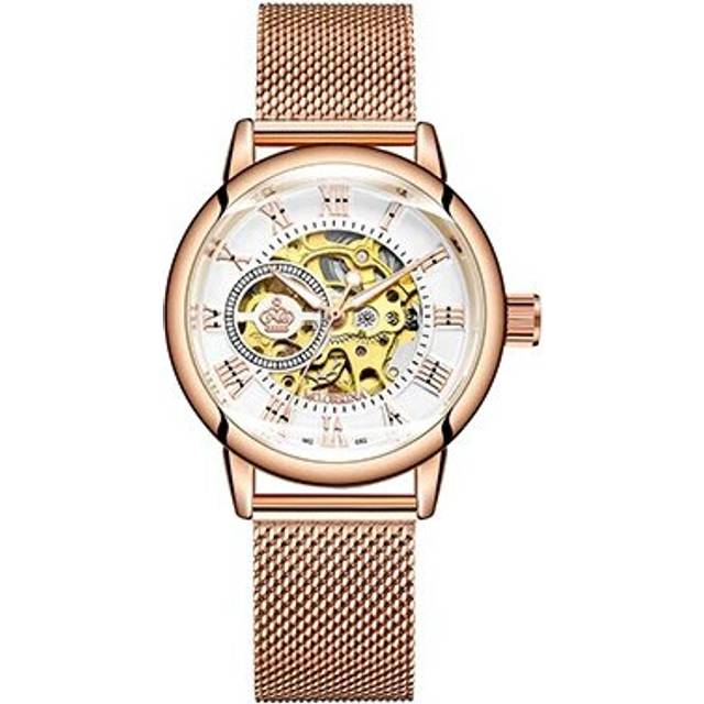 (082 Rose M) ORKINA Mechanical Women Watch Skeleton Automatic Wristwatch Mesh Stainless