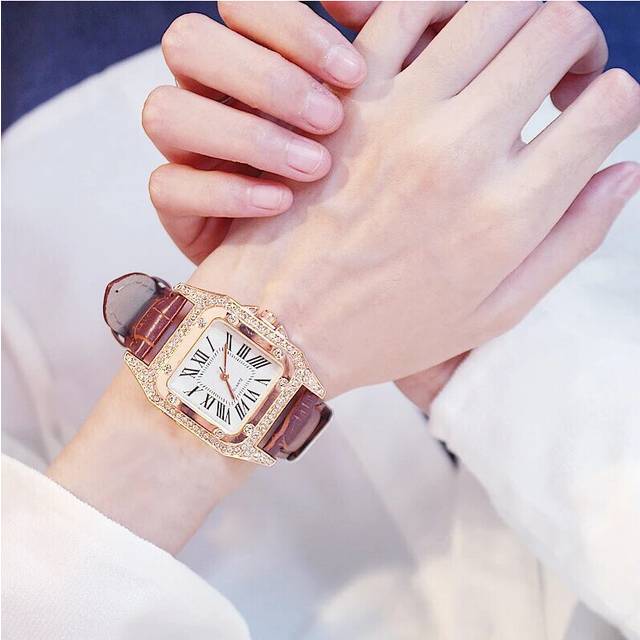 (Brown) Women Square Diamond Watches Set Ladies Leather Quartz Wristwatches Female