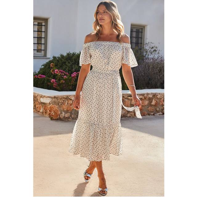 Sosandar Womens White & Black Spot Print Bardot Tiered Maxi Dress - Size 20 UK