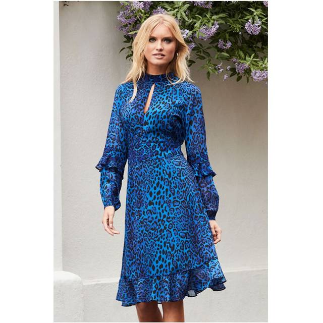 Sosandar Womens Blue Leopard Print Fit & Flare Ruffle Dress - Animal - Size 24 UK