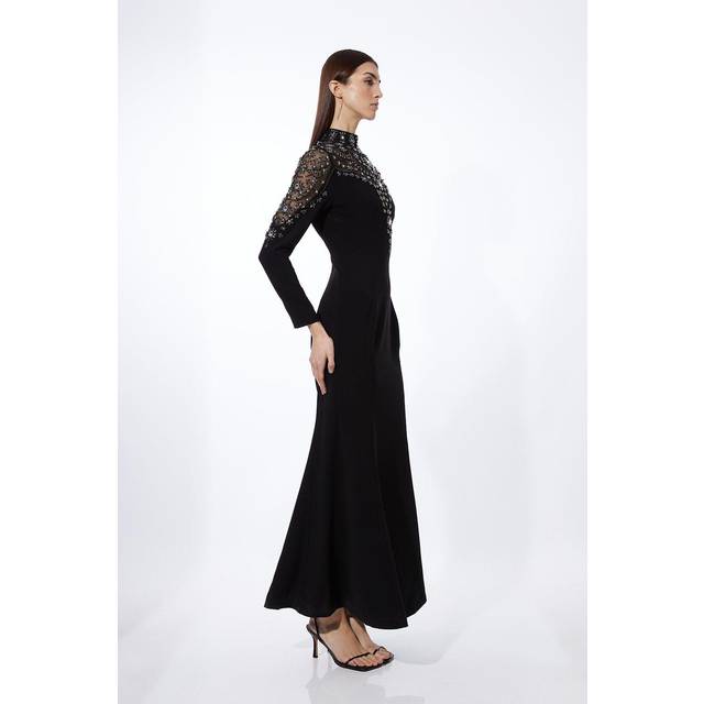 Petite Premium Crystal Embellished Woven Maxi Dress - Black