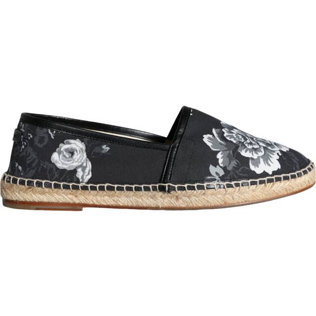 Black Floral Cotton Leather Espadrilles Shoes - EU42/US9