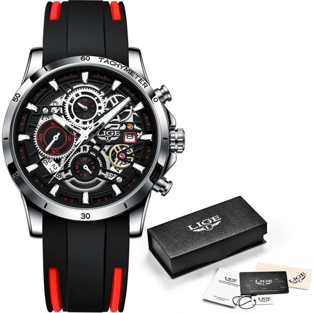 (Silicone silver red) LIGE Fashion Gold Watch Women Top Brand Luxury Sport Quartz Wrist Watch
