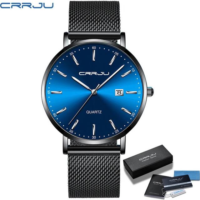 (BK blue silver BOX) CRRJU Luxury Fashion Woman Watch Women Casual Waterproof Quartz Ladies - Silver