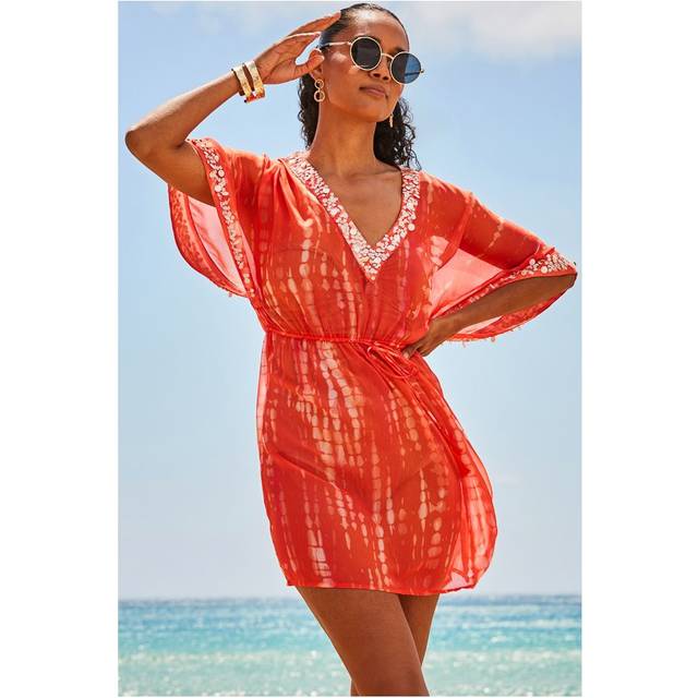 Sosandar Womens Seville Orange Tie Dye Embellished Trim Kaftan - Size Small