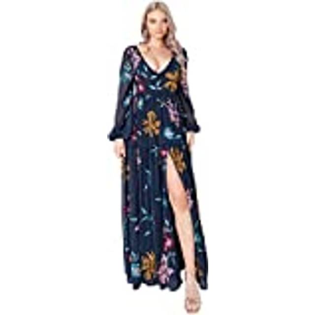Floral Embellished Long Sleeve Maxi Dress - Dark Navy - 6