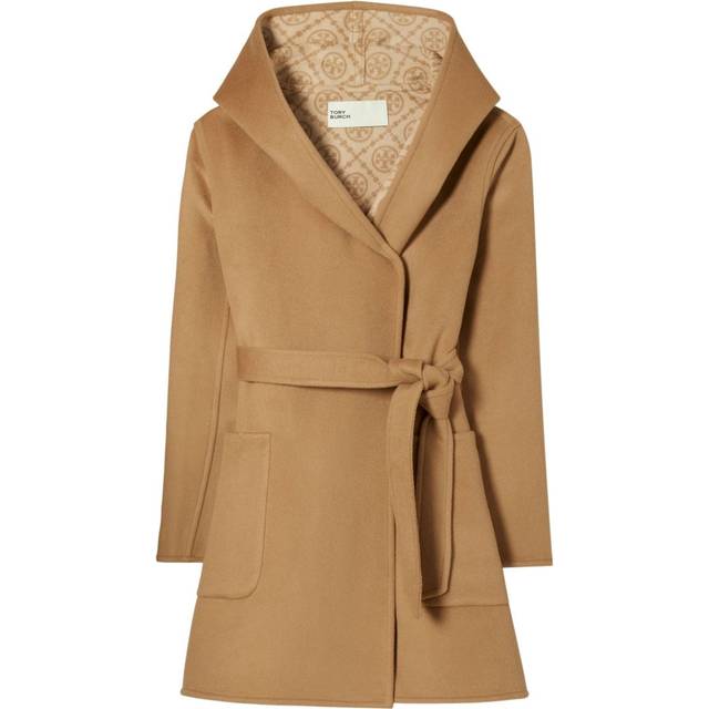 Tory Burch - monogram-jacquard belted-waist coat - women - Wool - 14 - Brown