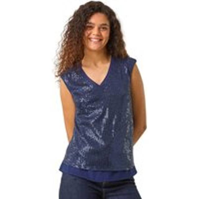 Sequin V-Neck Tunic Stretch Top - Navy - 12