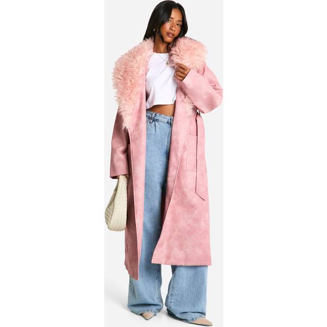 Womens Petite Faux Fur Collar Vintage Look Faux Leather Trench Coat - Pink - 8, Pink