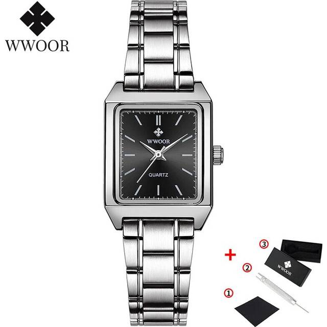 (Black surface) WWOOR Ladies Watches 2023 Fashion Square Watch Small Clock Brown Leather
