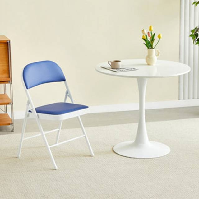 Set of 1 Faux Leather Foldable Chair with Metal Frame and Padded Seat blue