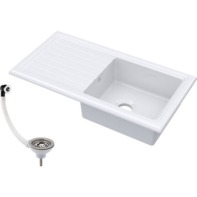 Single Bowl Fireclay Ceramic Inset Kitchen Sink & Drainer with Compatible Waste - 1010mm