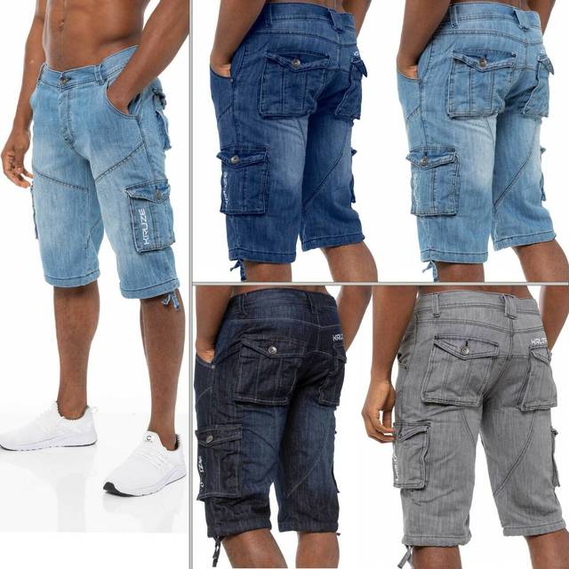 Kruze By Enzo Mens Cargo Combat Shorts - Blue Polycotton - Size 30