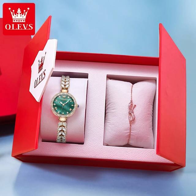 (Rose Green Set) OLEVS 9971 New Luxury Mermaid Watch For Women Waterproof Luminous Ladies