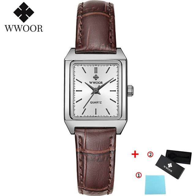 (Brown white) WWOOR Ladies Watches 2023 Fashion Square Watch Small Clock Brown Leather