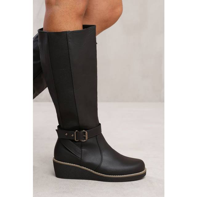 'Jacinta' Wedge Heel Knee High Boots With Elastic Panel - Black - 3