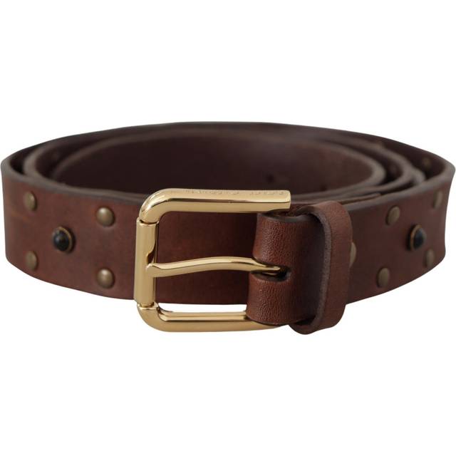 Dolce & Gabbana Brown Leather Studded Gold Tone Metal Buckle Belt - 90 cm / 36 Inches