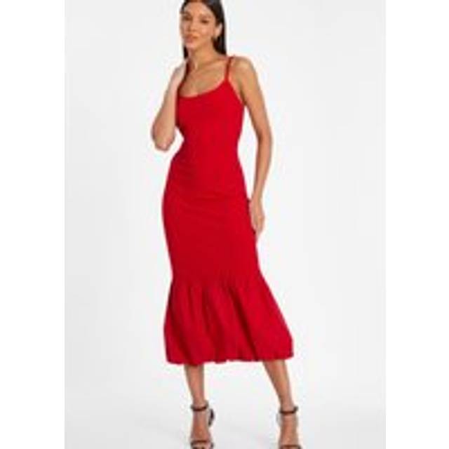 Red Puff Ball Midi Dress
