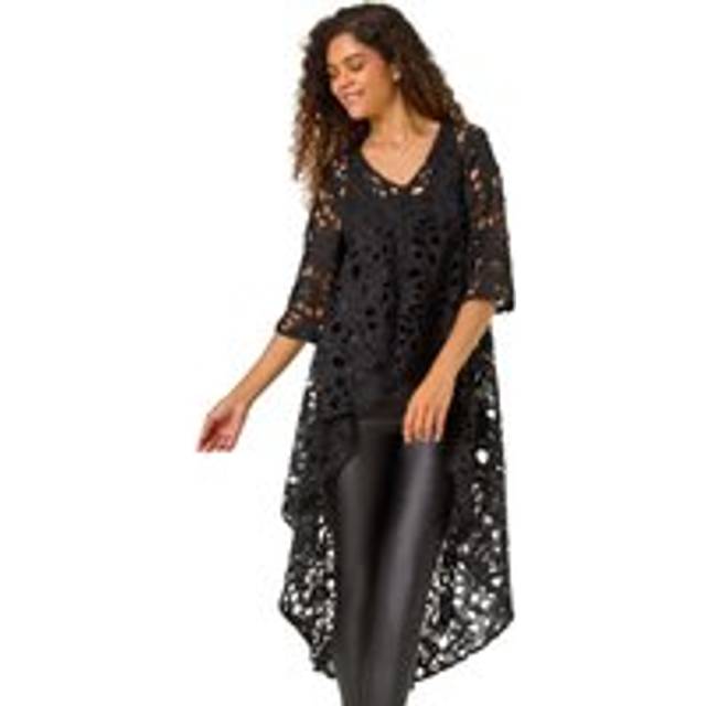 Roman Black Lace Detail HighLow Hem Button Blouse - Size 10
