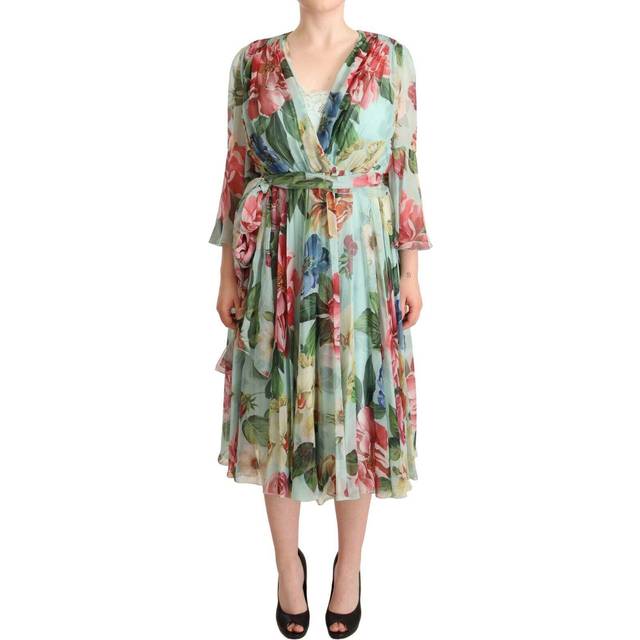 Multicolor Green Floral Silk Wrap Midi Dress - IT42|M