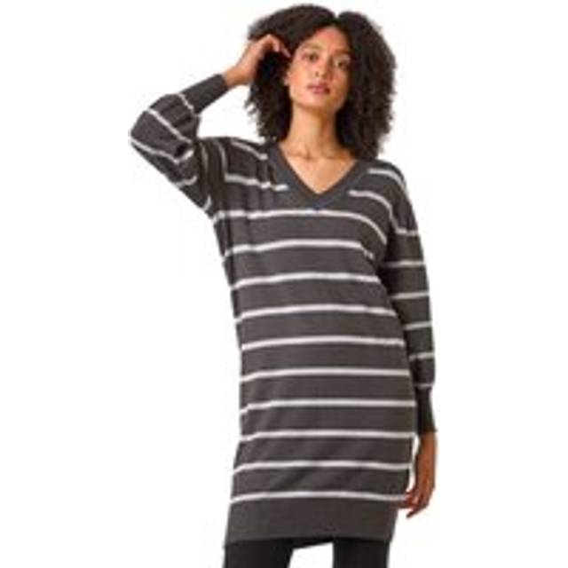Stripe V-Neck Knit Jumper Dress - Charcoal - 16