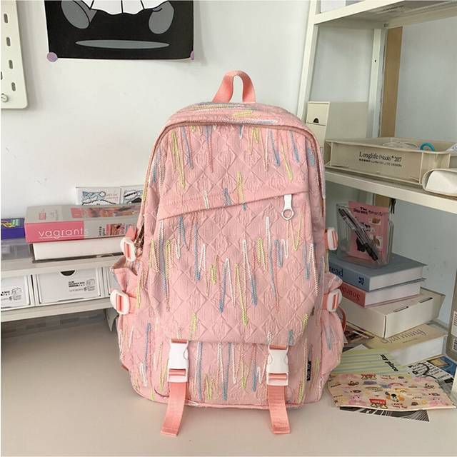 (Pink) Black Stylish Nylon Backpack For Middle School High School College Students With Comfortable Shoulder Straps