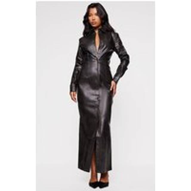 Black Washed Faux Leather Button Up Maxi Dress, Black - 10