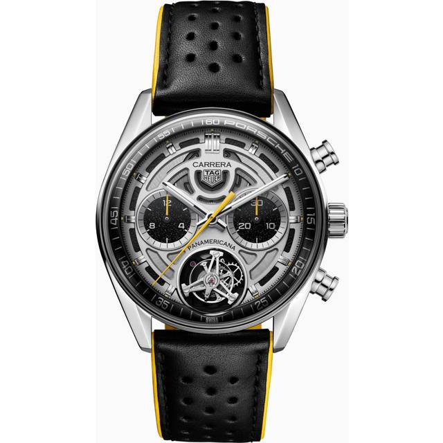 New - TAG Heuer Carrera Chronograph Tourbillon X Porsche Panamericana 42mm Watch - Silver Skeleton Dial - Leather Band - Steel Case
